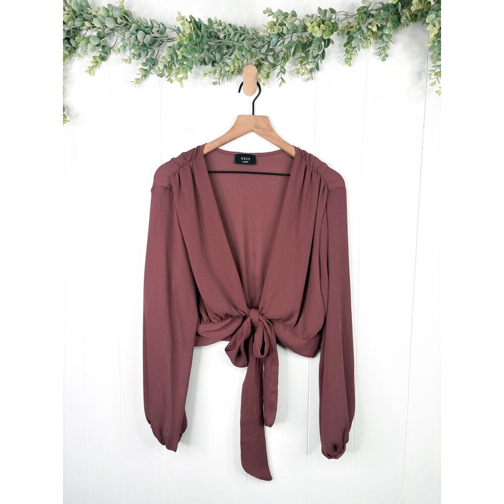 🧺 5 for $25 Sale VICI Semi Sheer Long Sleeve Tie Front Crop Top Large Mauve